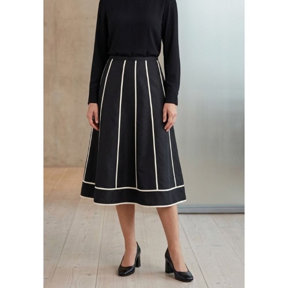 Vintage Womens Black 100% Silk A-Line Midi Skirt Contrast Piping Size Medium